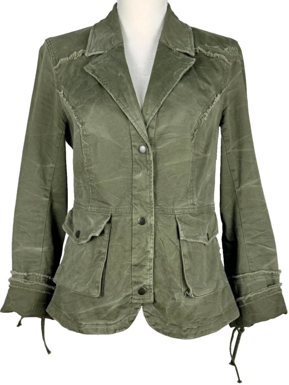 FP Army Green Military Jacket Ruffle Back Distressed Boho Utility RARE Size M